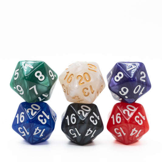 Set of six d20 twenty sided spindown countdown dice for dungeons and dragons (aka dnd or d&d), or Magic the Gathering (mtg) or other ccg games