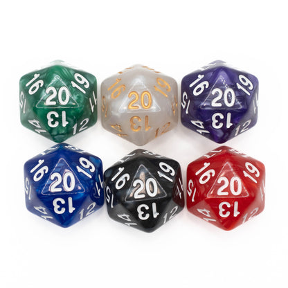 Set of six d20 twenty sided spindown countdown dice for dungeons and dragons (aka dnd or d&d), or Magic the Gathering (mtg) or other ccg games