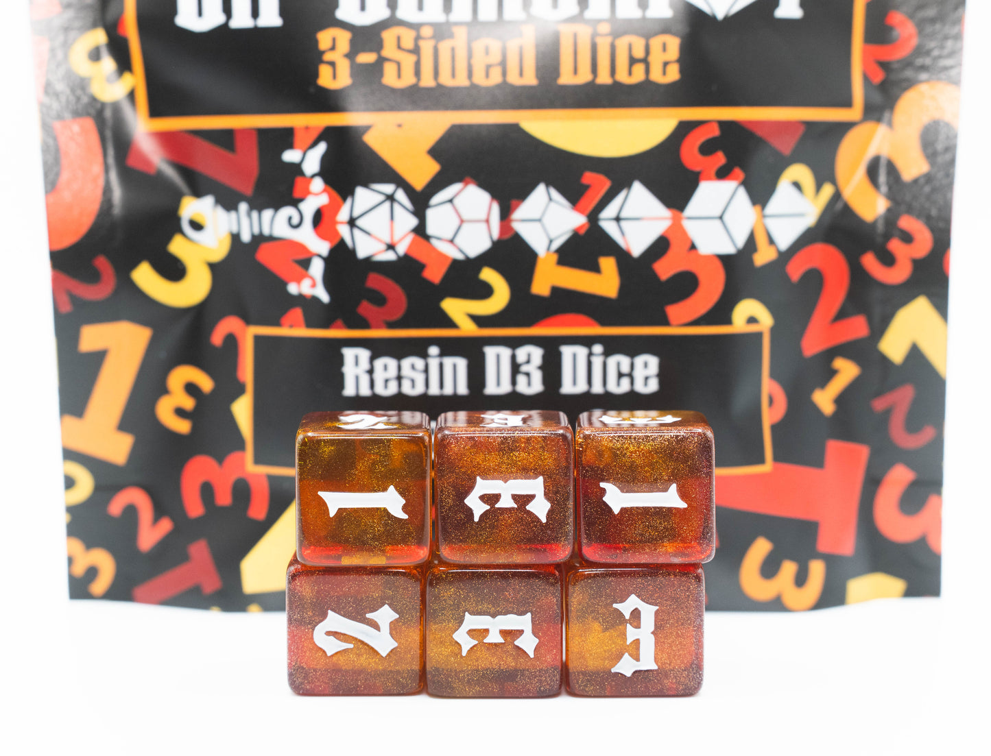 custom designed resin d3 three sided dungeons and dragons (aka dnd or d&d) game dice set, also useful for Warhammer 40,000k