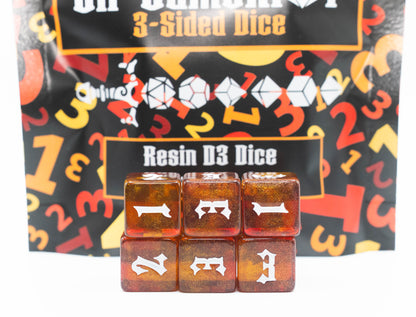 custom designed resin d3 three sided dungeons and dragons (aka dnd or d&d) game dice set, also useful for Warhammer 40,000k