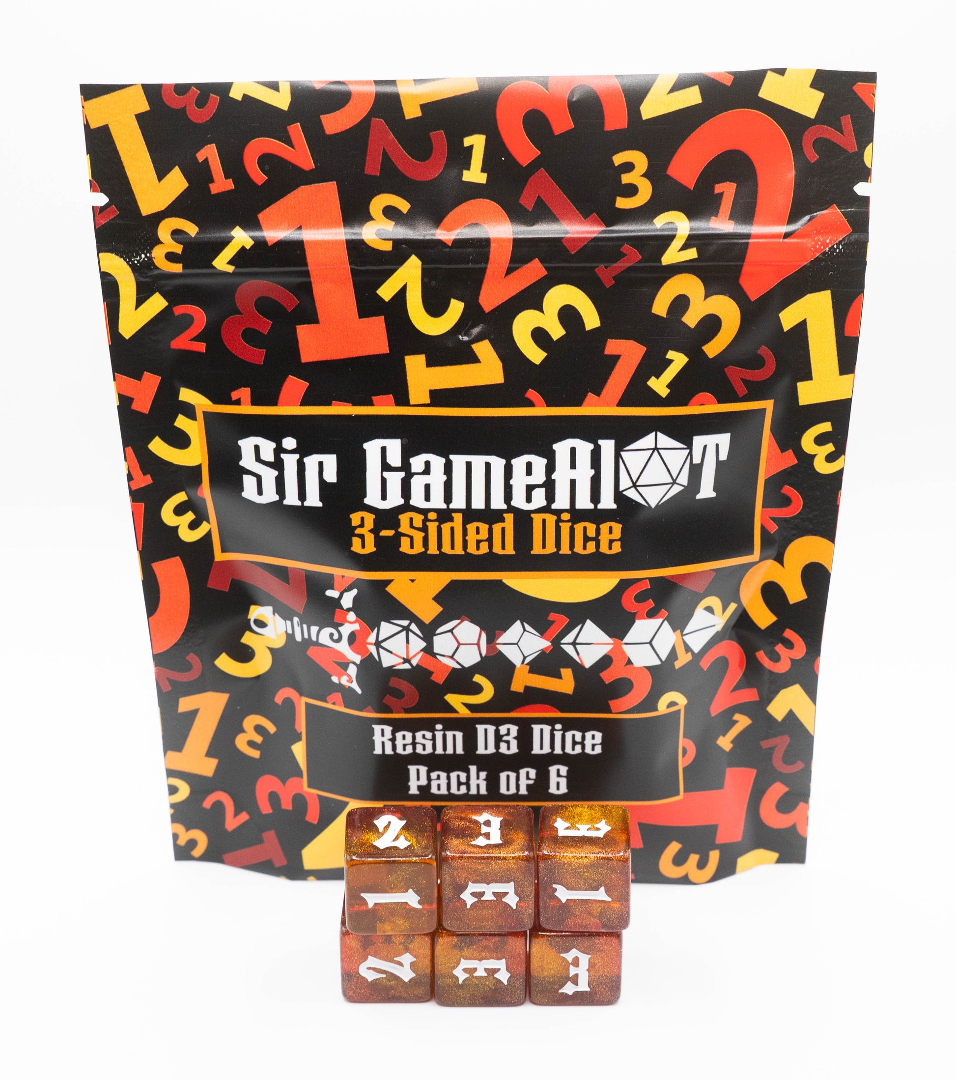 custom designed resin d3 three sided dungeons and dragons (aka dnd or d&d) game dice set, also useful for Warhammer 40,000k