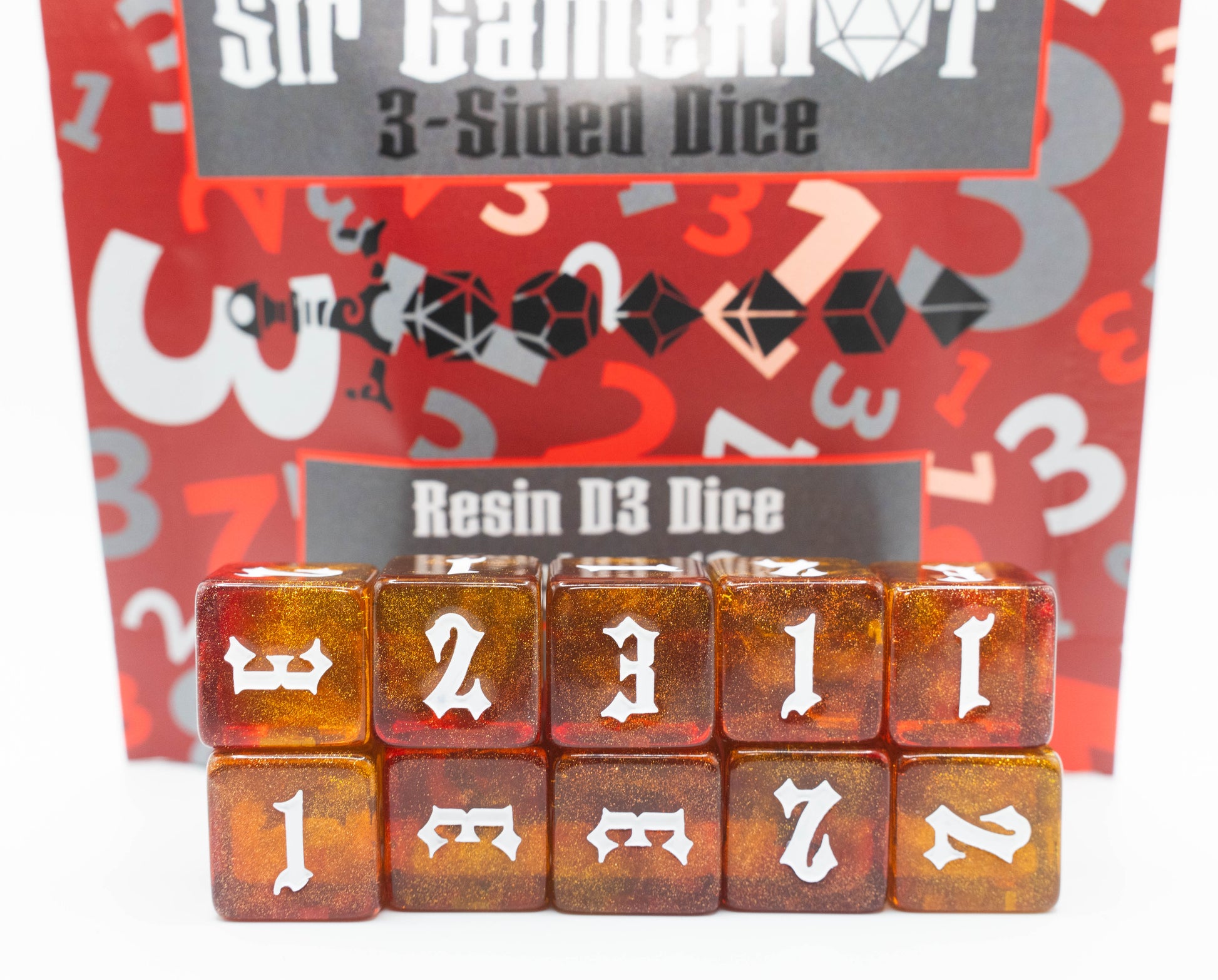 custom designed resin d3 three sided dungeons and dragons (aka dnd or d&d) game dice set, also useful for Warhammer 40,000k