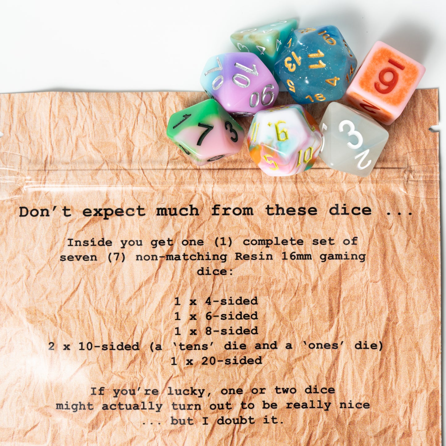 disappointing acrylic dungeons and dragons (aka dnd or d&d) game dice set, including a d20, d12, d10, d8, d6, and d4