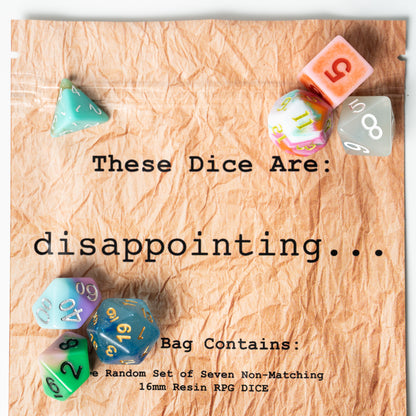 disappointing acrylic dungeons and dragons (aka dnd or d&d) game dice set, including a d20, d12, d10, d8, d6, and d4