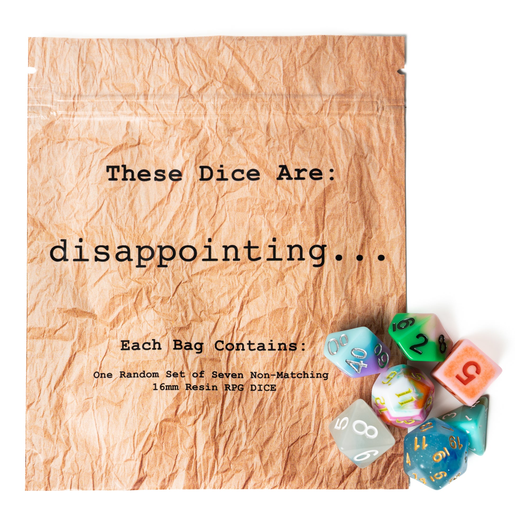 disappointing acrylic dungeons and dragons (aka dnd or d&d) game dice set, including a d20, d12, d10, d8, d6, and d4