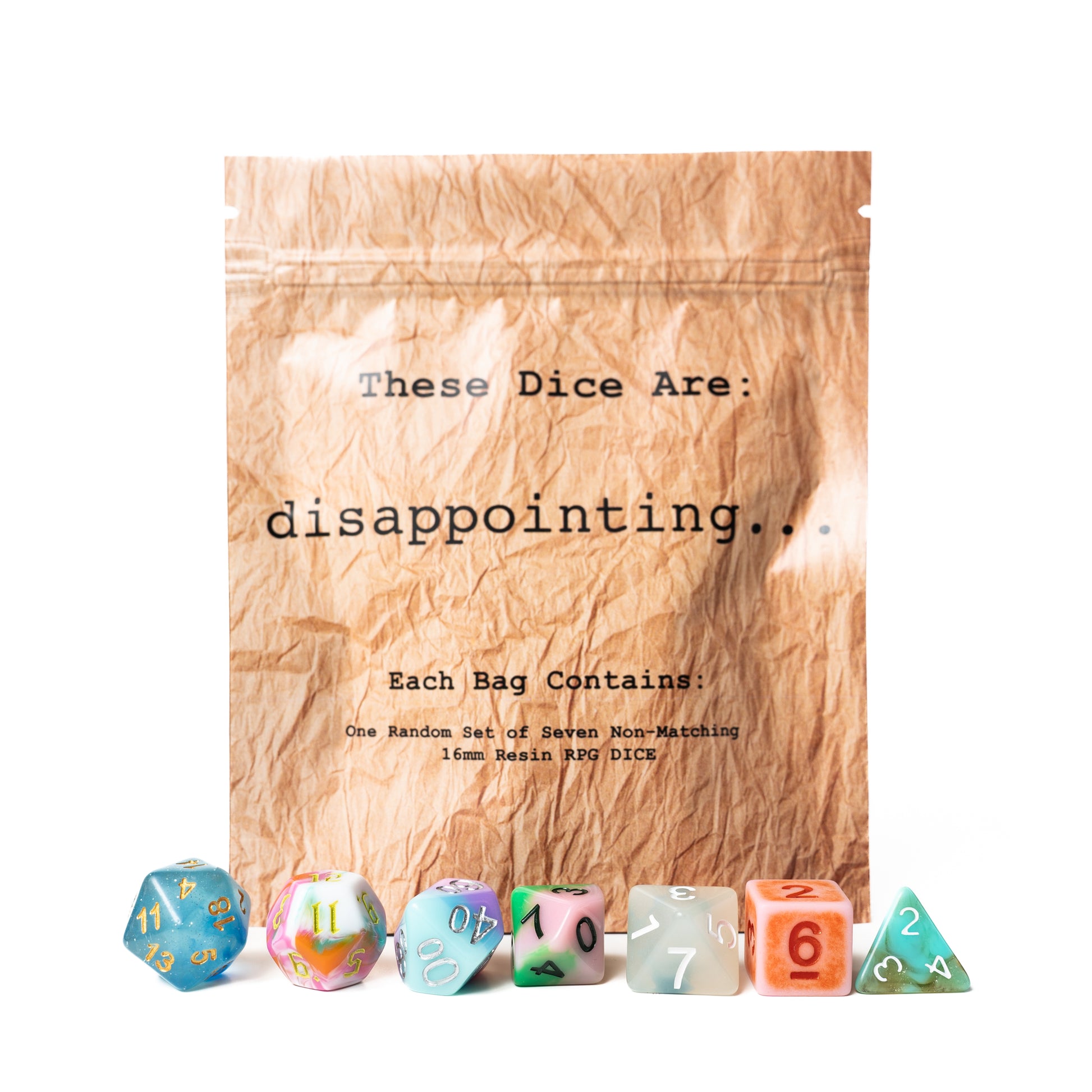 disappointing acrylic dungeons and dragons (aka dnd or d&d) game dice set, including a d20, d12, d10, d8, d6, and d4
