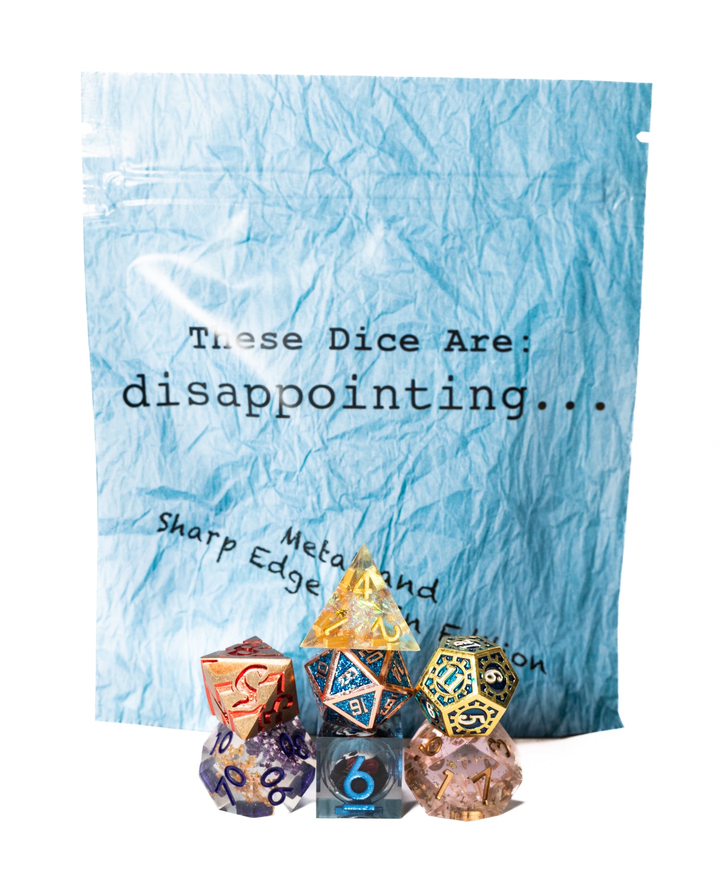 disappointing resin and metal dungeons and dragons (aka dnd or d&d) game dice set, including a d20, d12, d10, d8, d6, and d4