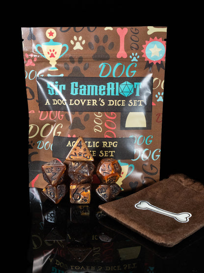 Dog Lover DND Dice Set – 7 Piece Brown Acrylic Polyhedral RPG Dice with Dog Designs & Dog Bone Velvet Dice Bag | Cute Animal Themed TTRPG Dice for Pathfinder, Beast Masters & Pet Lovers