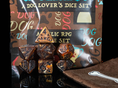 Dog Lover DND Dice Set – 7 Piece Brown Acrylic Polyhedral RPG Dice with Dog Designs & Dog Bone Velvet Dice Bag | Cute Animal Themed TTRPG Dice for Pathfinder, Beast Masters & Pet Lovers
