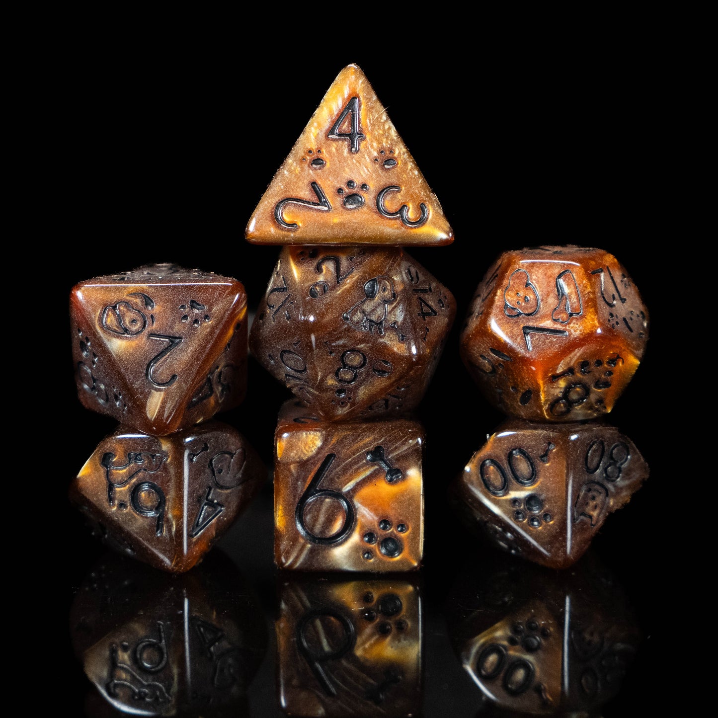 Dog Lover DND Dice Set – 7 Piece Brown Acrylic Polyhedral RPG Dice with Dog Designs & Dog Bone Velvet Dice Bag | Cute Animal Themed TTRPG Dice for Pathfinder, Beast Masters & Pet Lovers