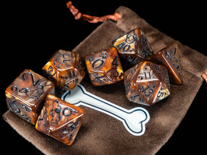 Dog Lover DND Dice Set – 7 Piece Brown Acrylic Polyhedral RPG Dice with Dog Designs & Dog Bone Velvet Dice Bag | Cute Animal Themed TTRPG Dice for Pathfinder, Beast Masters & Pet Lovers