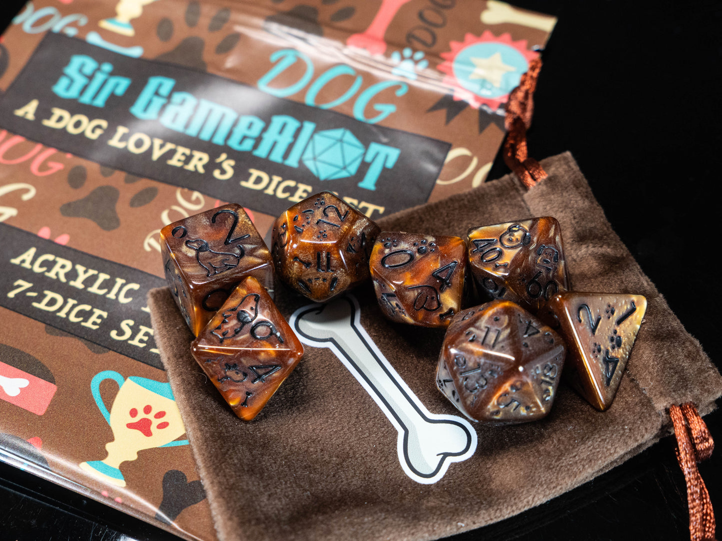 Dog Lover DND Dice Set – 7 Piece Brown Acrylic Polyhedral RPG Dice with Dog Designs & Dog Bone Velvet Dice Bag | Cute Animal Themed TTRPG Dice for Pathfinder, Beast Masters & Pet Lovers