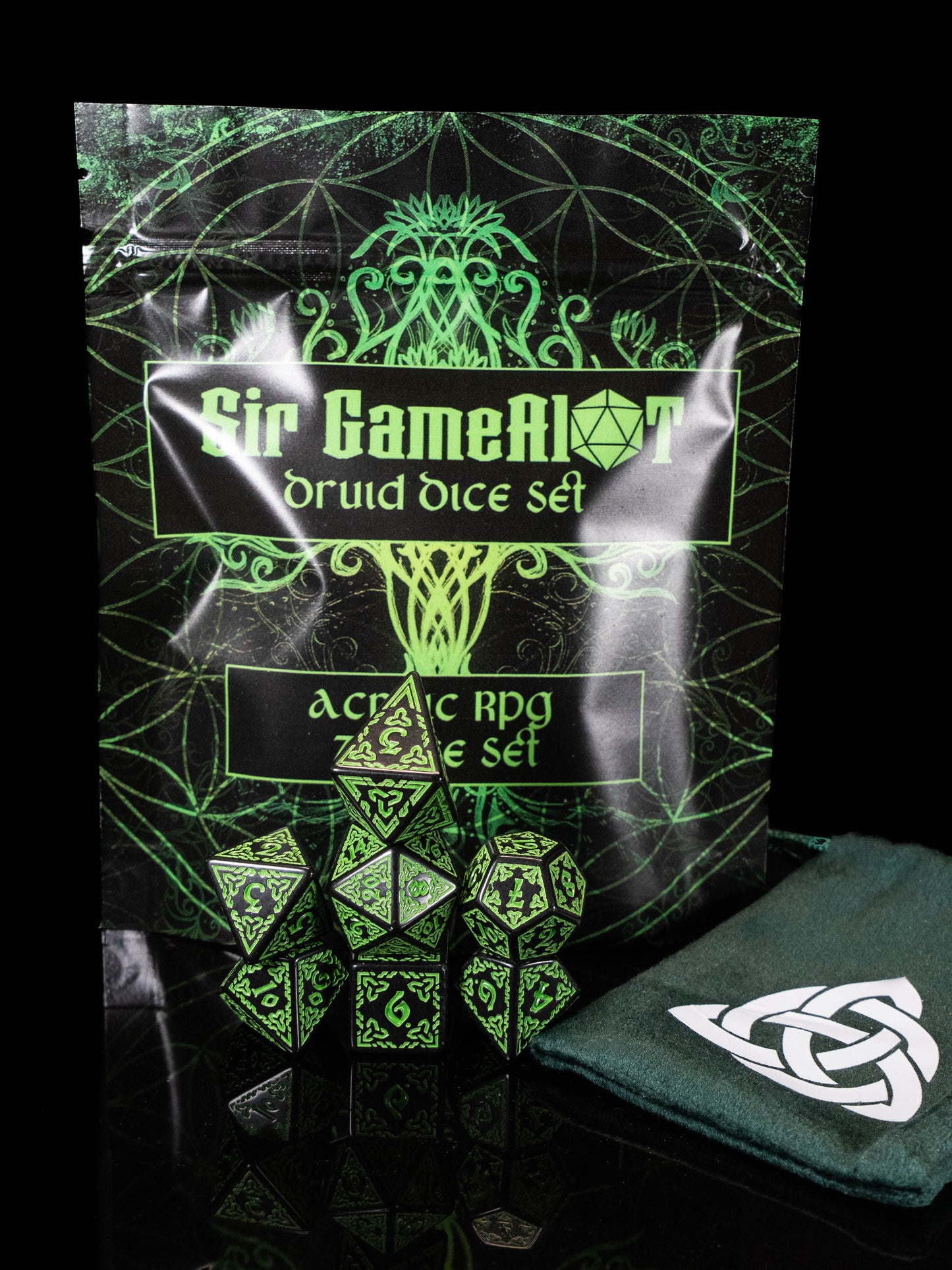 Druid DND Dice Set – 7 Piece Green Acrylic Polyhedral RPG Dice with Celtic Knot Designs & Druid Velvet Dice Bag | Fantasy TTRPG Dice for Pathfinder, Shamans, Healers & Nature Characters