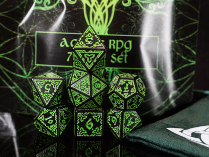 Druid DND Dice Set – 7 Piece Green Acrylic Polyhedral RPG Dice with Celtic Knot Designs & Druid Velvet Dice Bag | Fantasy TTRPG Dice for Pathfinder, Shamans, Healers & Nature Characters