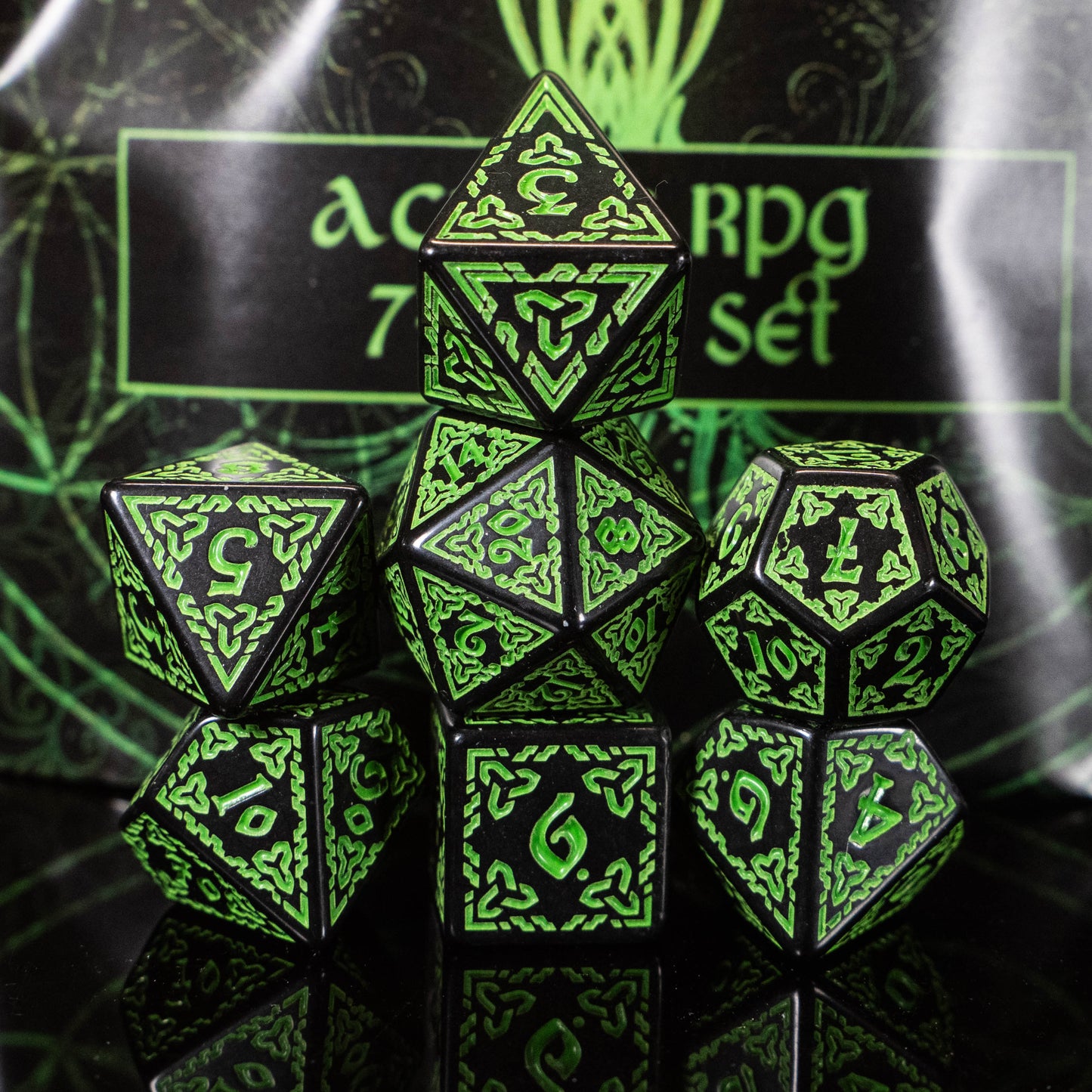 Druid DND Dice Set – 7 Piece Green Acrylic Polyhedral RPG Dice with Celtic Knot Designs & Druid Velvet Dice Bag | Fantasy TTRPG Dice for Pathfinder, Shamans, Healers & Nature Characters