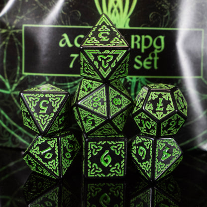 Druid DND Dice Set – 7 Piece Green Acrylic Polyhedral RPG Dice with Celtic Knot Designs & Druid Velvet Dice Bag | Fantasy TTRPG Dice for Pathfinder, Shamans, Healers & Nature Characters