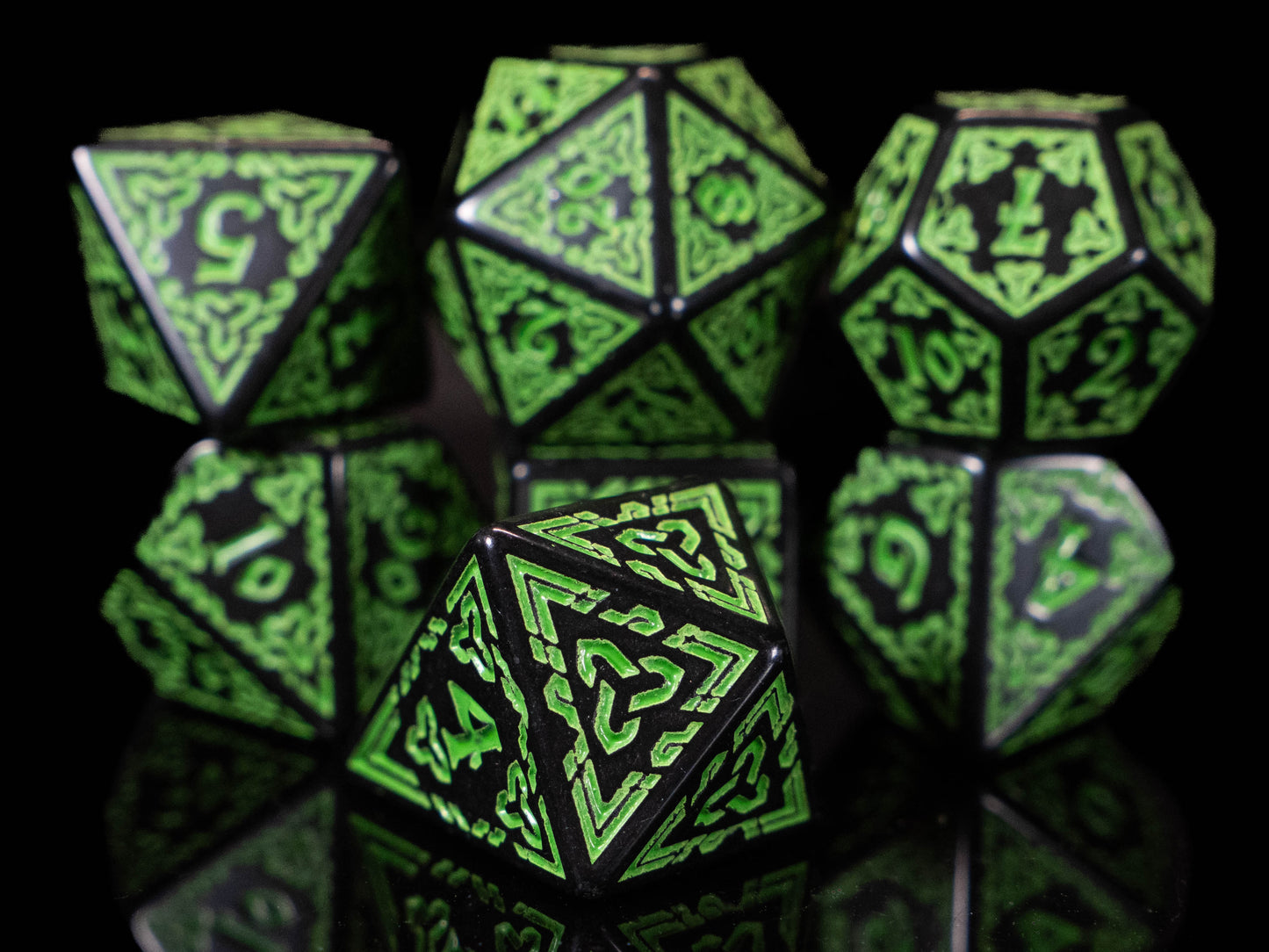 Druid DND Dice Set – 7 Piece Green Acrylic Polyhedral RPG Dice with Celtic Knot Designs & Druid Velvet Dice Bag | Fantasy TTRPG Dice for Pathfinder, Shamans, Healers & Nature Characters