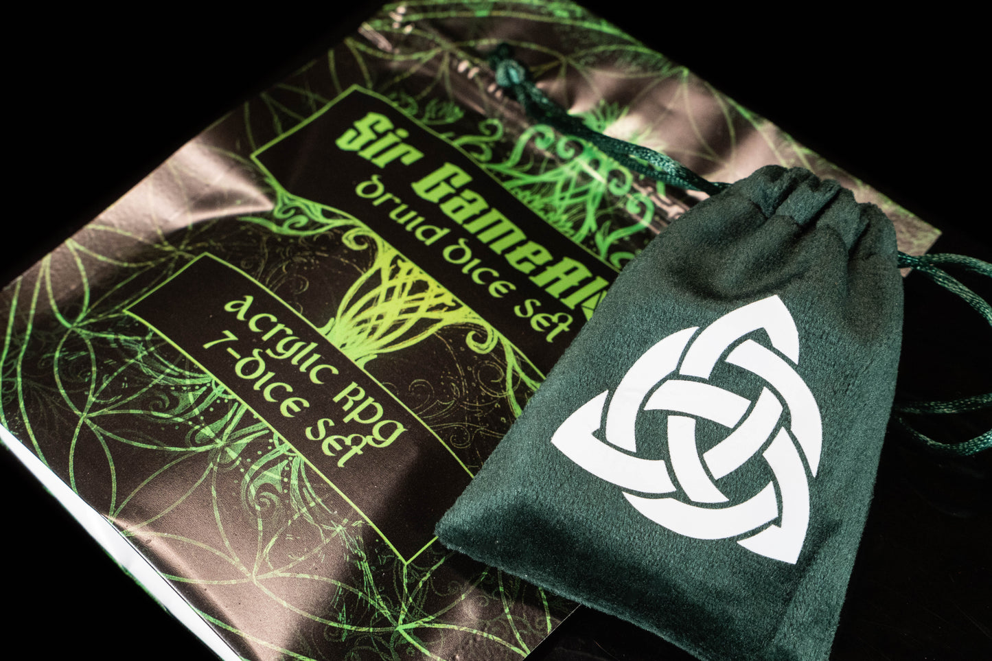 Druid DND Dice Set – 7 Piece Green Acrylic Polyhedral RPG Dice with Celtic Knot Designs & Druid Velvet Dice Bag | Fantasy TTRPG Dice for Pathfinder, Shamans, Healers & Nature Characters