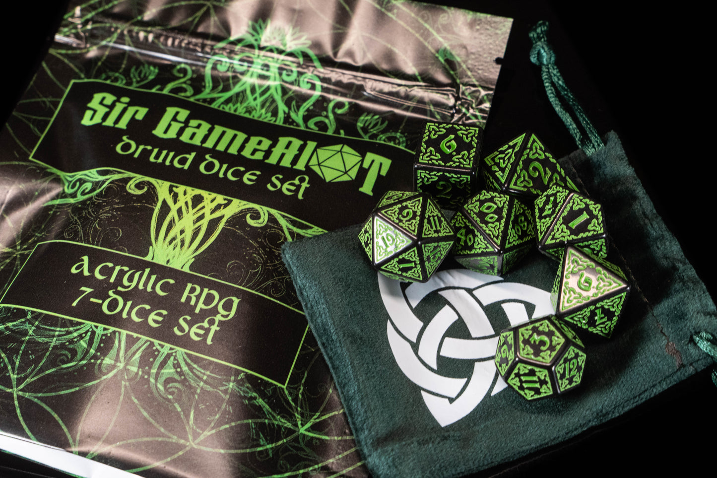Druid DND Dice Set – 7 Piece Green Acrylic Polyhedral RPG Dice with Celtic Knot Designs & Druid Velvet Dice Bag | Fantasy TTRPG Dice for Pathfinder, Shamans, Healers & Nature Characters