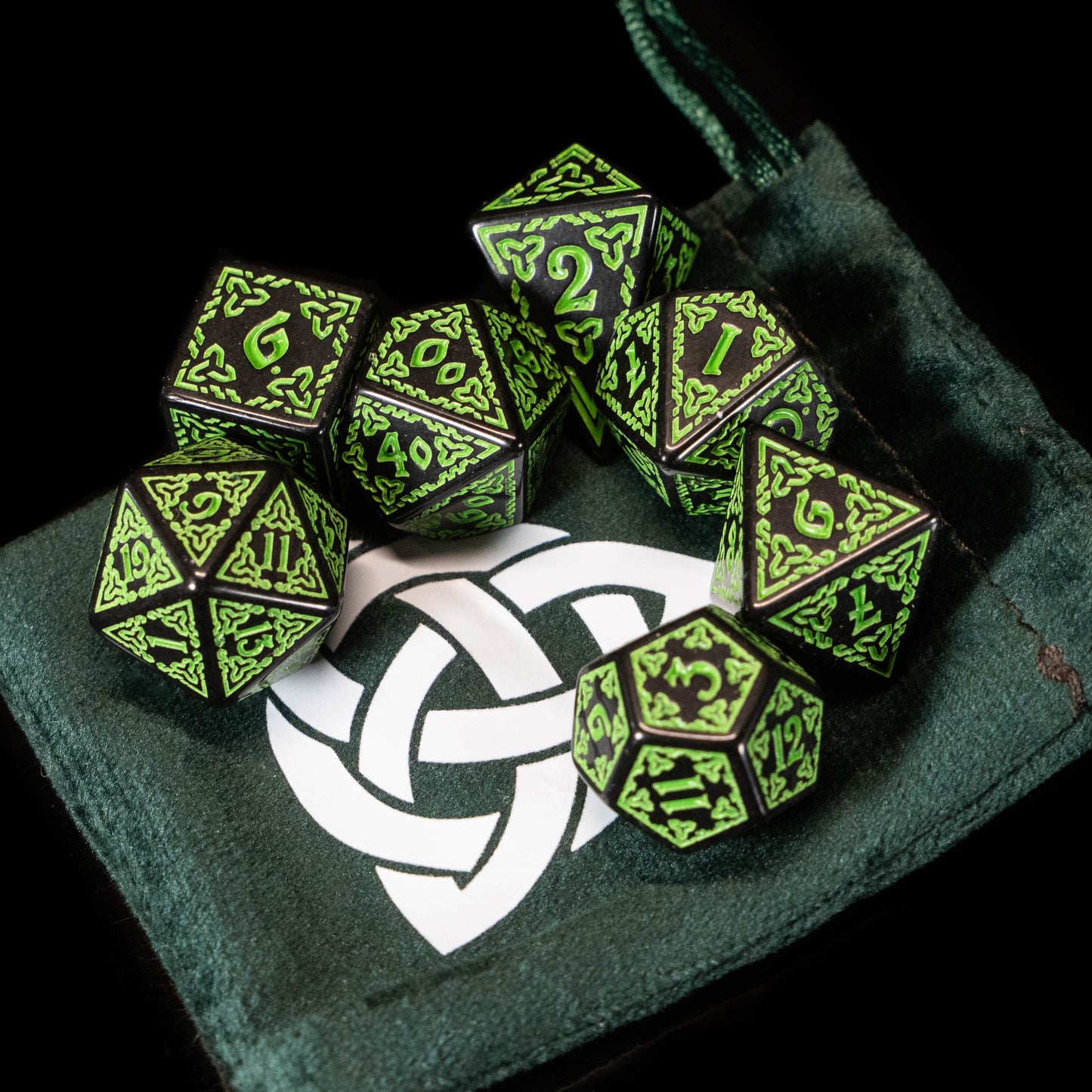 Druid DND Dice Set – 7 Piece Green Acrylic Polyhedral RPG Dice with Celtic Knot Designs & Druid Velvet Dice Bag | Fantasy TTRPG Dice for Pathfinder, Shamans, Healers & Nature Characters