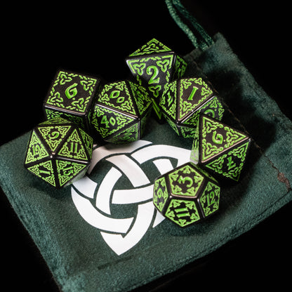 Druid DND Dice Set – 7 Piece Green Acrylic Polyhedral RPG Dice with Celtic Knot Designs & Druid Velvet Dice Bag | Fantasy TTRPG Dice for Pathfinder, Shamans, Healers & Nature Characters
