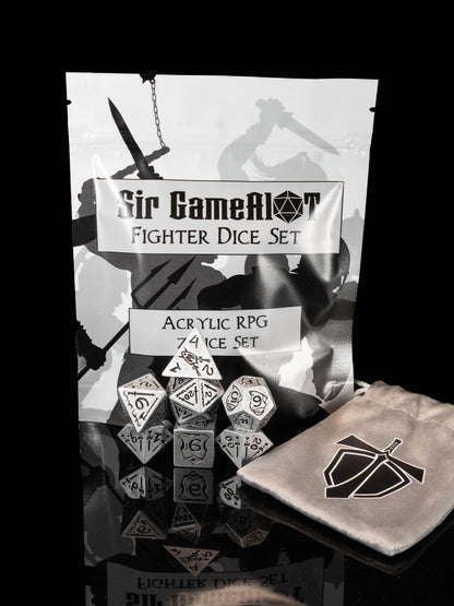 Fighter DND Dice Set – 7 Piece Silver Acrylic Polyhedral RPG Dice with Swords, Shields, Helmets & Armor Designs, Fighter Velvet Dice Bag | Fantasy TTRPG Dice for Pathfinder, Knights & Warriors