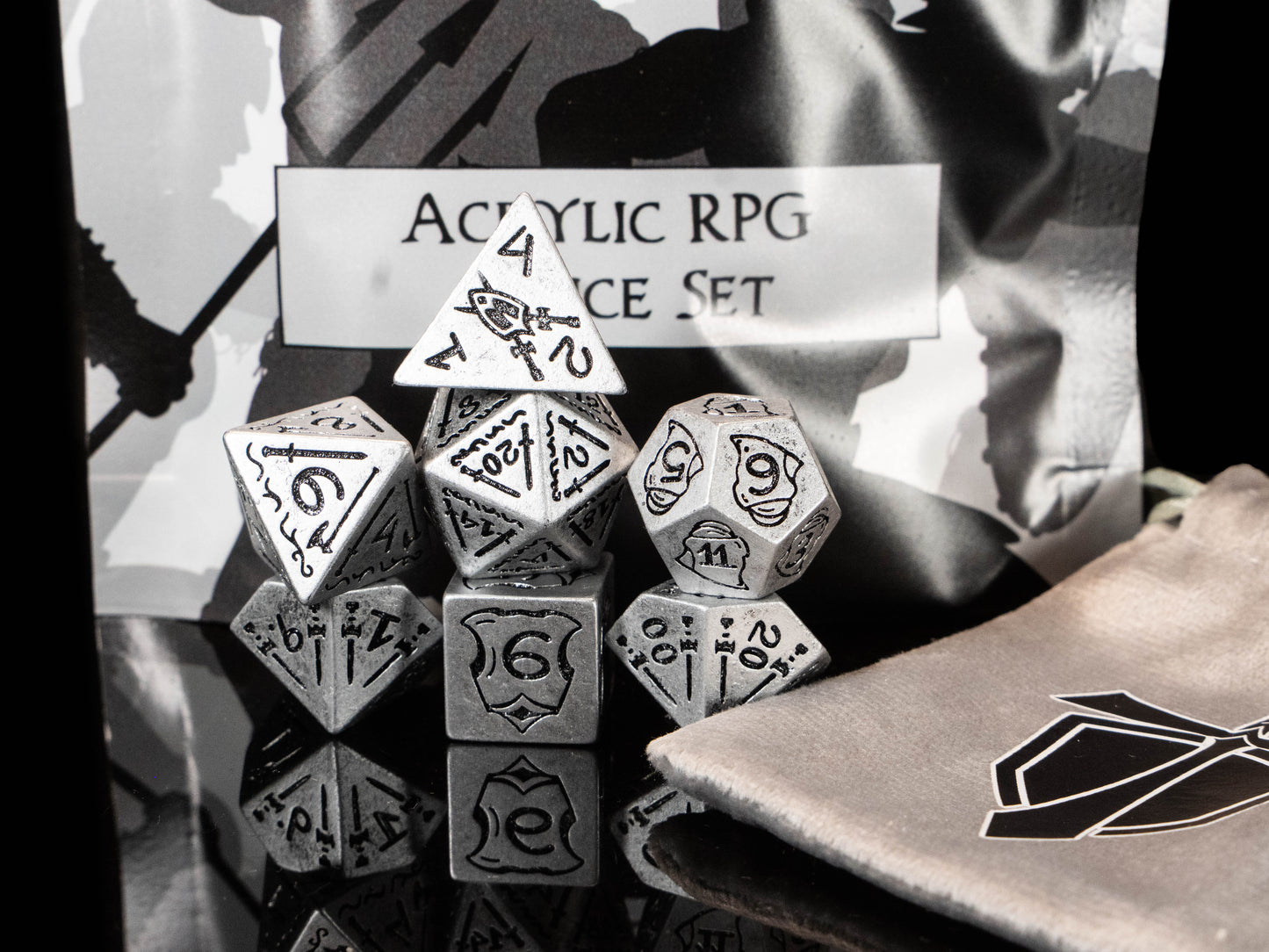 Fighter DND Dice Set – 7 Piece Silver Acrylic Polyhedral RPG Dice with Swords, Shields, Helmets & Armor Designs, Fighter Velvet Dice Bag | Fantasy TTRPG Dice for Pathfinder, Knights & Warriors