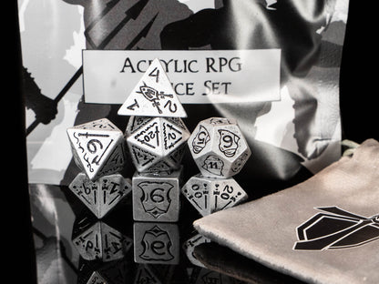 Fighter DND Dice Set – 7 Piece Silver Acrylic Polyhedral RPG Dice with Swords, Shields, Helmets & Armor Designs, Fighter Velvet Dice Bag | Fantasy TTRPG Dice for Pathfinder, Knights & Warriors