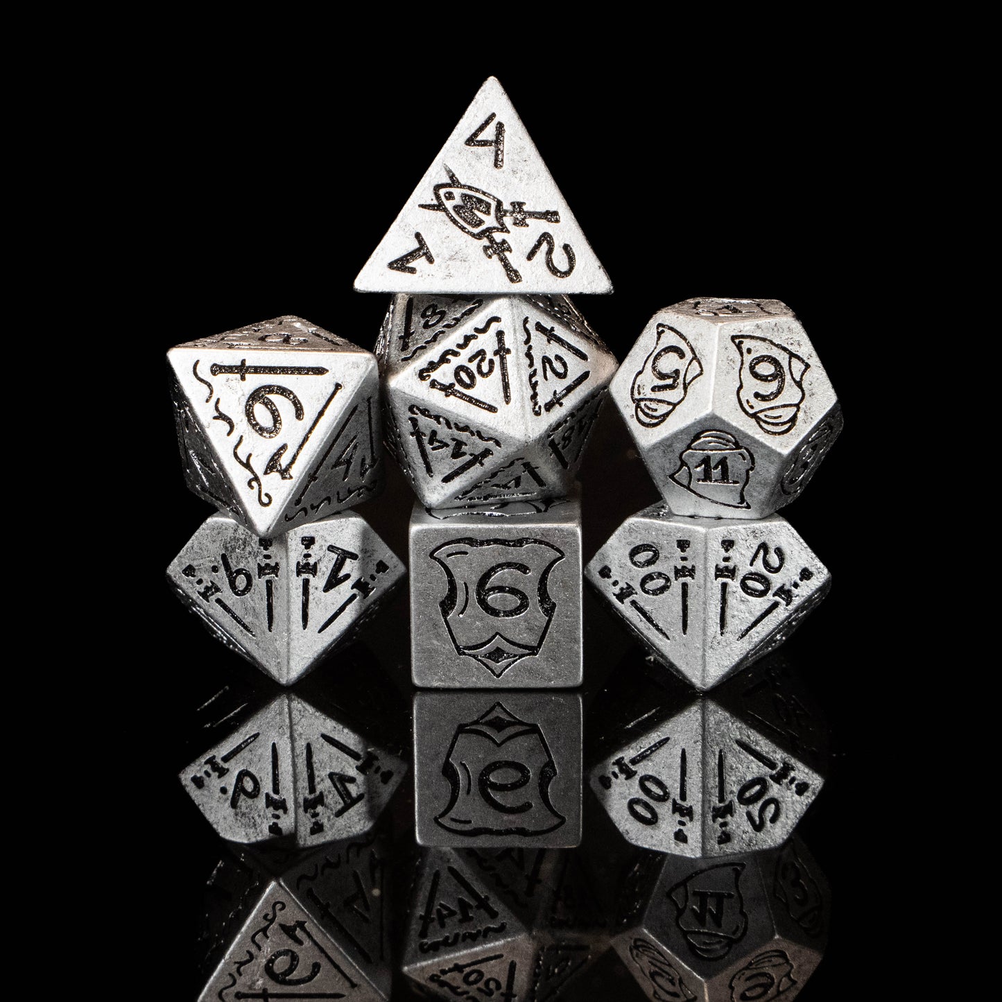 Fighter DND Dice Set – 7 Piece Silver Acrylic Polyhedral RPG Dice with Swords, Shields, Helmets & Armor Designs, Fighter Velvet Dice Bag | Fantasy TTRPG Dice for Pathfinder, Knights & Warriors