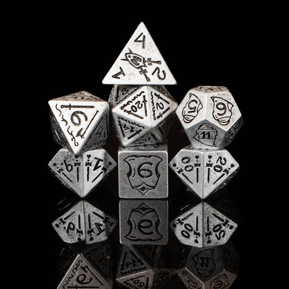 Fighter DND Dice Set – 7 Piece Silver Acrylic Polyhedral RPG Dice with Swords, Shields, Helmets & Armor Designs, Fighter Velvet Dice Bag | Fantasy TTRPG Dice for Pathfinder, Knights & Warriors