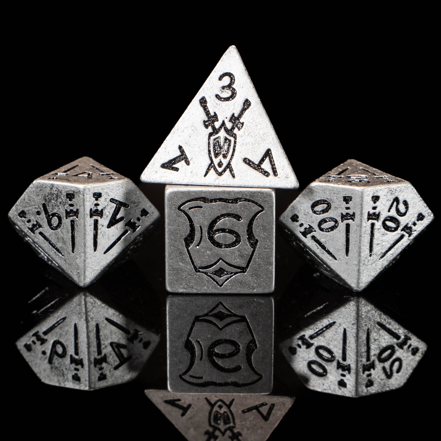 Fighter DND Dice Set – 7 Piece Silver Acrylic Polyhedral RPG Dice with Swords, Shields, Helmets & Armor Designs, Fighter Velvet Dice Bag | Fantasy TTRPG Dice for Pathfinder, Knights & Warriors