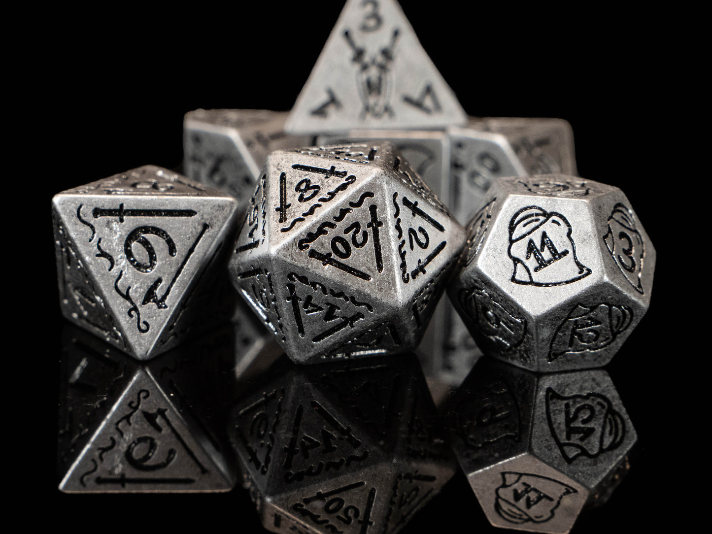 Fighter DND Dice Set – 7 Piece Silver Acrylic Polyhedral RPG Dice with Swords, Shields, Helmets & Armor Designs, Fighter Velvet Dice Bag | Fantasy TTRPG Dice for Pathfinder, Knights & Warriors