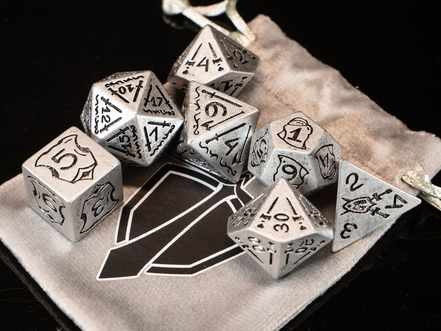 Fighter DND Dice Set – 7 Piece Silver Acrylic Polyhedral RPG Dice with Swords, Shields, Helmets & Armor Designs, Fighter Velvet Dice Bag | Fantasy TTRPG Dice for Pathfinder, Knights & Warriors