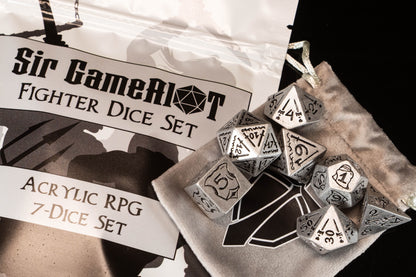 Fighter DND Dice Set – 7 Piece Silver Acrylic Polyhedral RPG Dice with Swords, Shields, Helmets & Armor Designs, Fighter Velvet Dice Bag | Fantasy TTRPG Dice for Pathfinder, Knights & Warriors