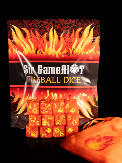 Fireball Spell Damage DND Dice Set – 12 D6 Red & Orange Acrylic RPG Dice with Fireball Designs & Velvet Dice Bag | TTRPG Damage Dice for Pathfinder, Wizards & Sorcerers