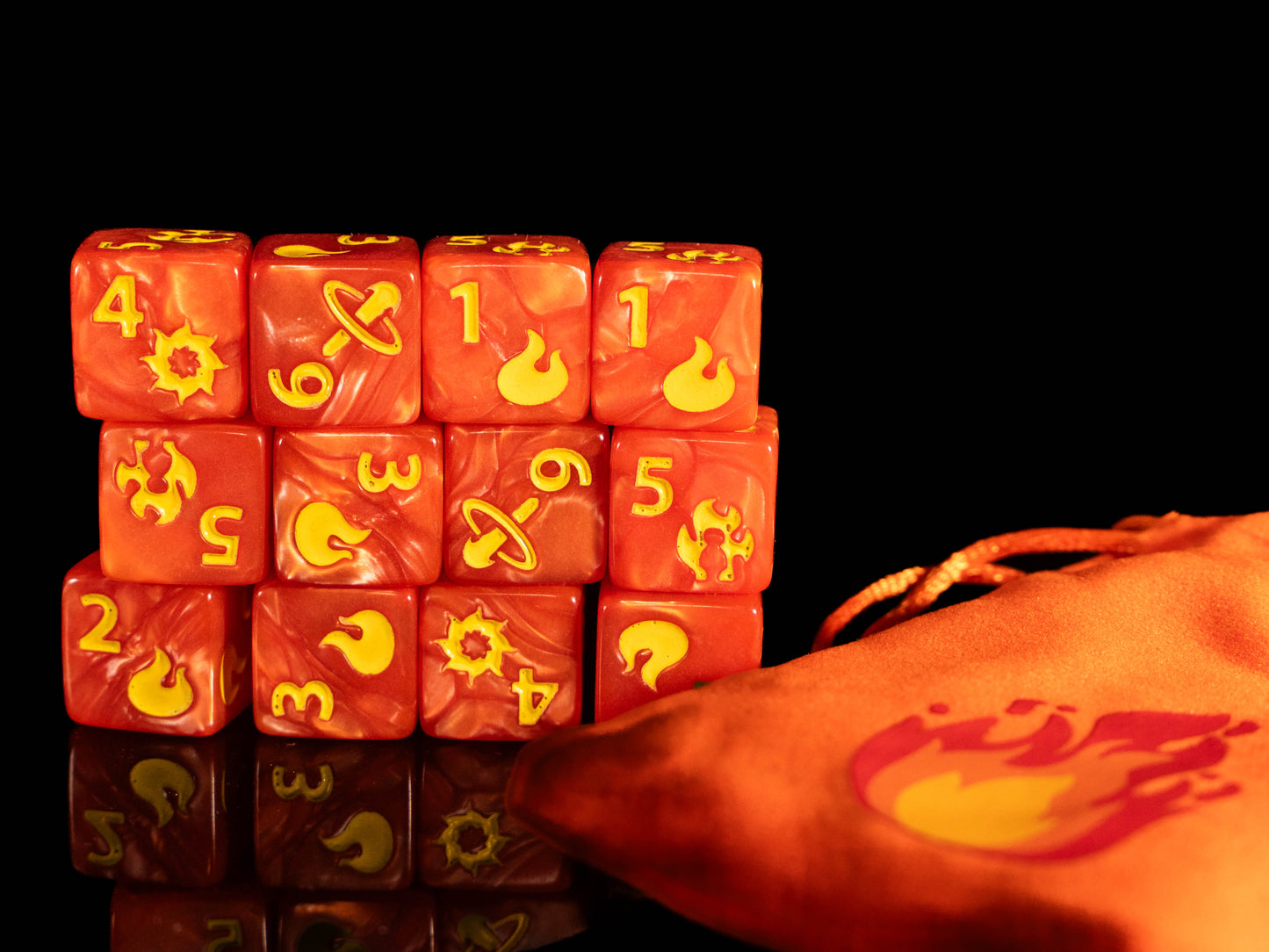 Fireball Spell Damage DND Dice Set – 12 D6 Red & Orange Acrylic RPG Dice with Fireball Designs & Velvet Dice Bag | TTRPG Damage Dice for Pathfinder, Wizards & Sorcerers