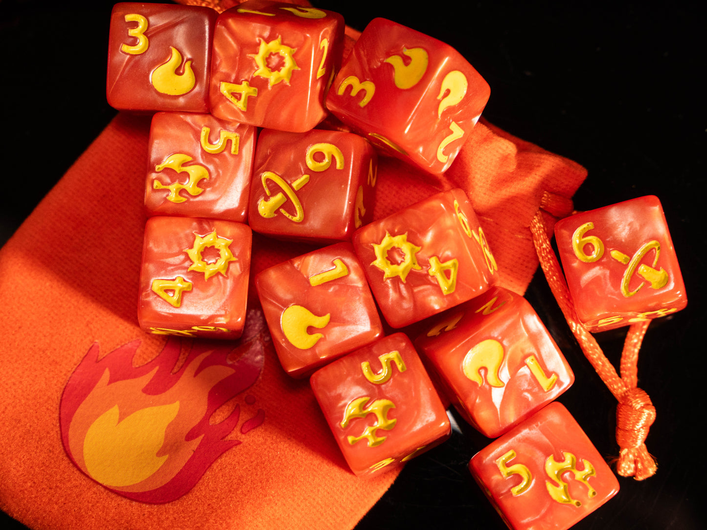 Fireball Spell Damage DND Dice Set – 12 D6 Red & Orange Acrylic RPG Dice with Fireball Designs & Velvet Dice Bag | TTRPG Damage Dice for Pathfinder, Wizards & Sorcerers