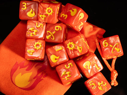 Fireball Spell Damage DND Dice Set – 12 D6 Red & Orange Acrylic RPG Dice with Fireball Designs & Velvet Dice Bag | TTRPG Damage Dice for Pathfinder, Wizards & Sorcerers