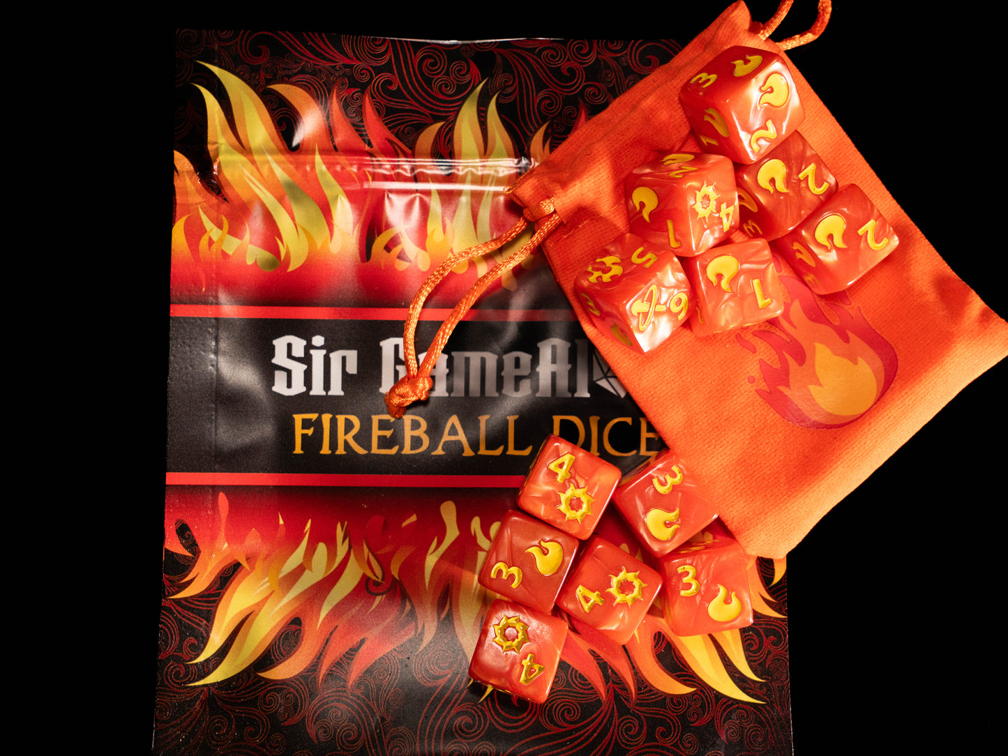 Fireball Spell Damage DND Dice Set – 12 D6 Red & Orange Acrylic RPG Dice with Fireball Designs & Velvet Dice Bag | TTRPG Damage Dice for Pathfinder, Wizards & Sorcerers