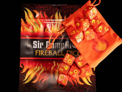 Fireball Spell Damage DND Dice Set – 12 D6 Red & Orange Acrylic RPG Dice with Fireball Designs & Velvet Dice Bag | TTRPG Damage Dice for Pathfinder, Wizards & Sorcerers