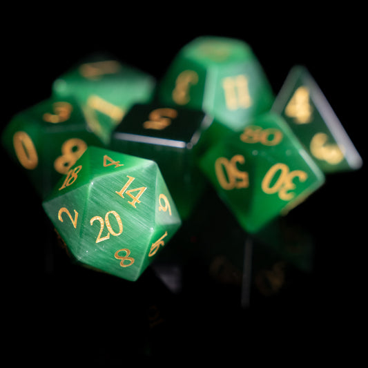green cat's eye gemstone dnd dice set