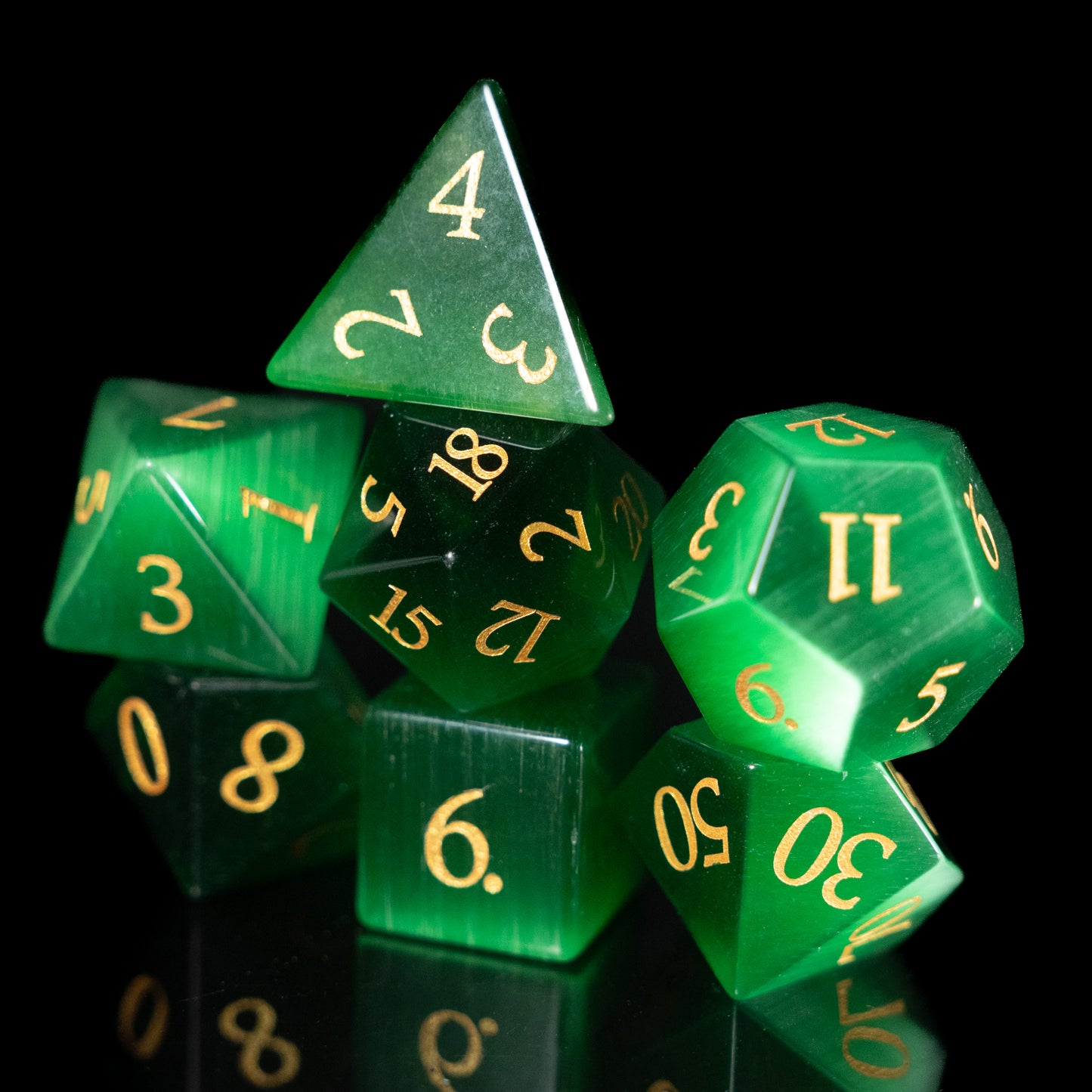 green cat's eye gemstone dnd dice set