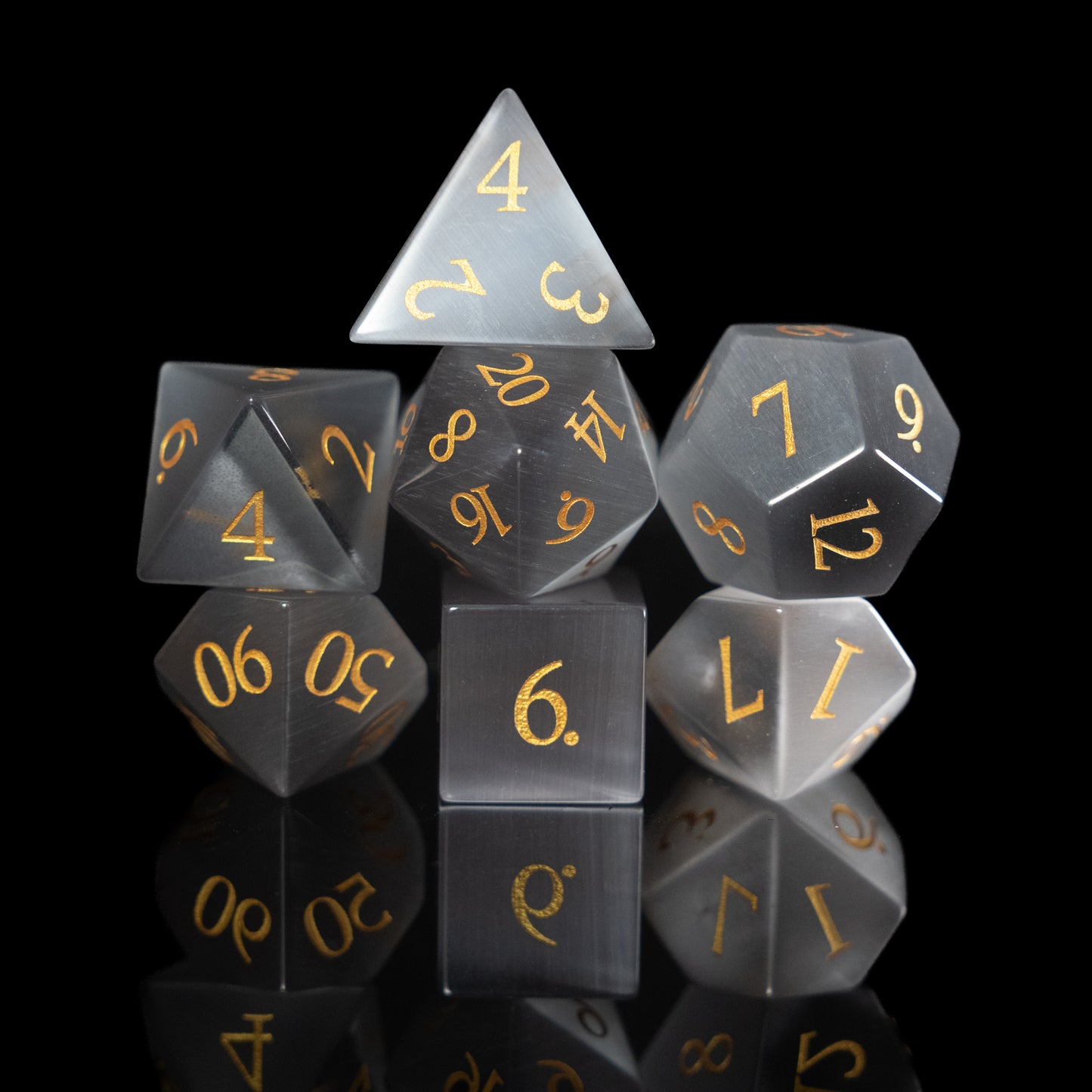 grey cat's eye gemstone dnd dice set