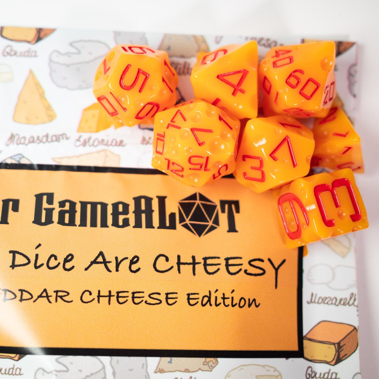 These Dice are Cheesy | Set of 7 Resin Dice for Cheese Lovers | For any Dungeons and Dragons (DND) or other Game Session