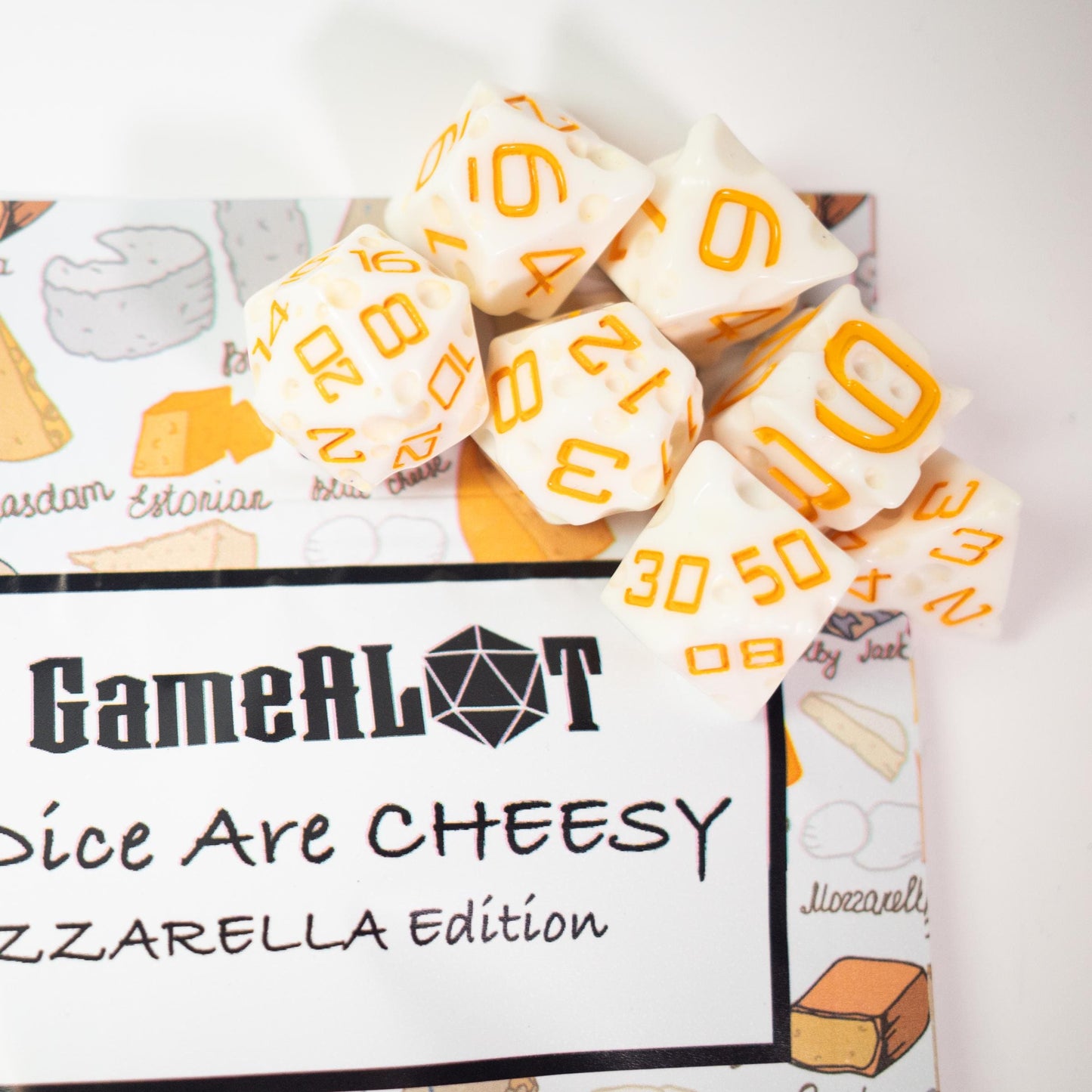These Dice are Cheesy | Set of 7 Resin Dice for Cheese Lovers | For any Dungeons and Dragons (DND) or other Game Session