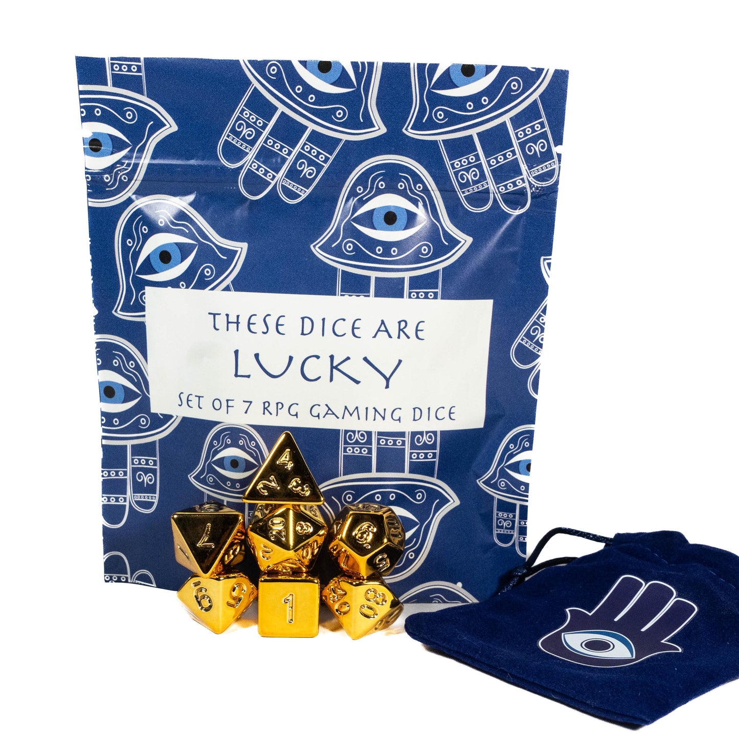 Lucky RPG TTRPG Dice Set | Golden Polyhedral D20 D12 D10 D8 D6 D4, DND Set | Funny Dice Goblin Gift