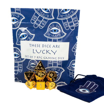 Lucky RPG TTRPG Dice Set | Golden Polyhedral D20 D12 D10 D8 D6 D4, DND Set | Funny Dice Goblin Gift
