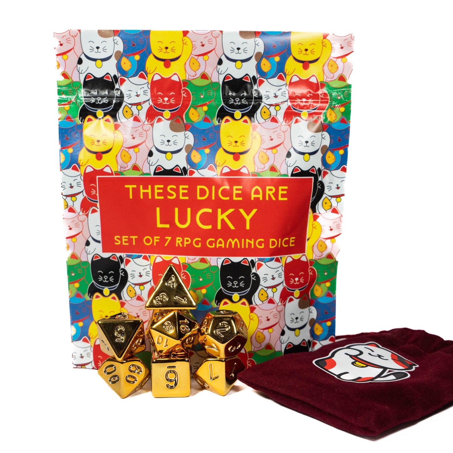 Lucky RPG TTRPG Dice Set | Golden Polyhedral D20 D12 D10 D8 D6 D4, DND Set | Funny Dice Goblin Gift