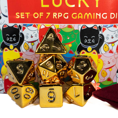 Lucky RPG TTRPG Dice Set | Golden Polyhedral D20 D12 D10 D8 D6 D4, DND Set | Funny Dice Goblin Gift