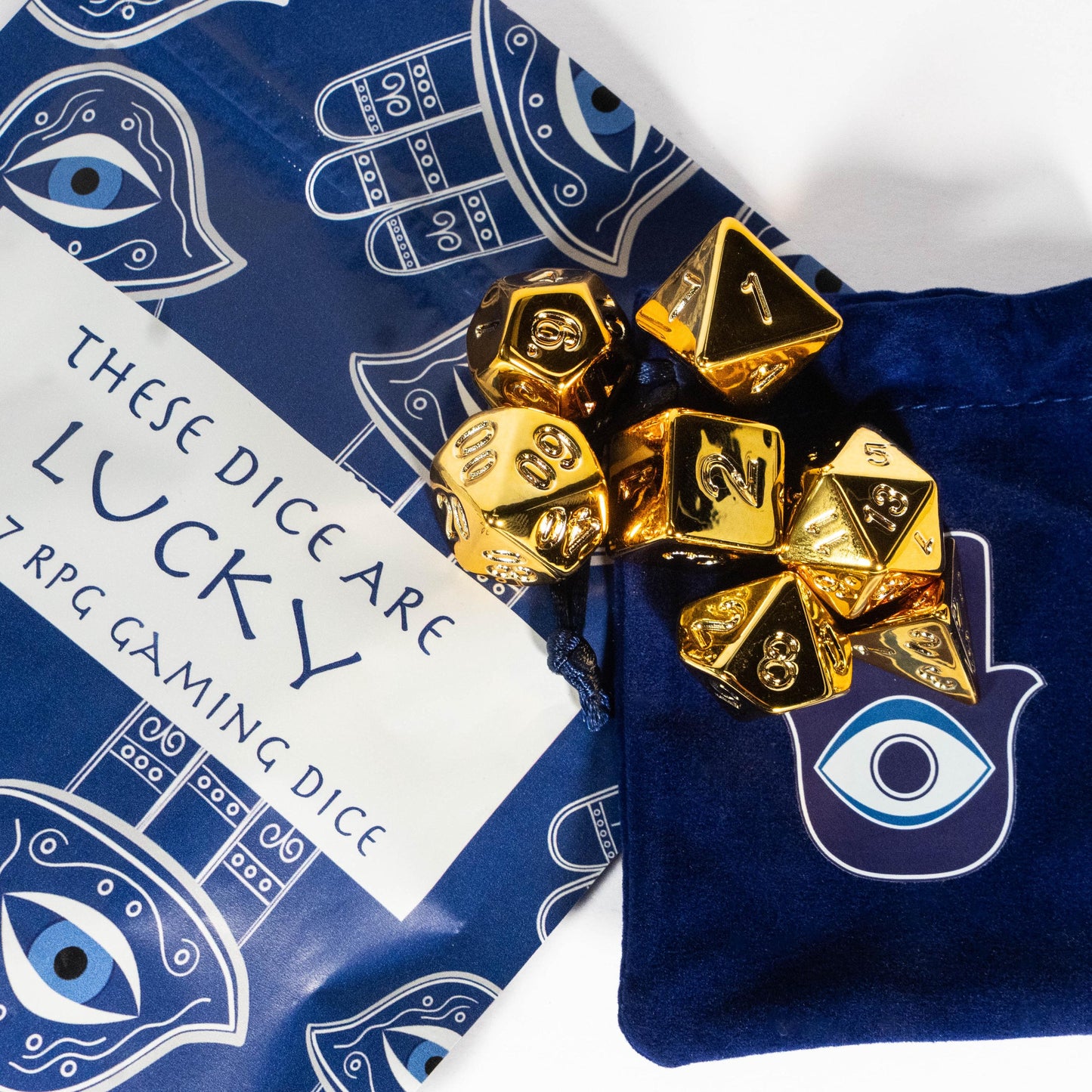 Lucky RPG TTRPG Dice Set | Golden Polyhedral D20 D12 D10 D8 D6 D4, DND Set | Funny Dice Goblin Gift